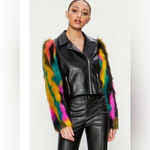 Faux Black leather moto jacket with multicolored faux fur sleeves Women’s XL